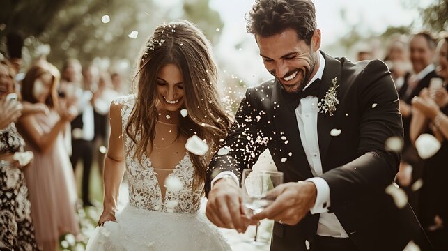 A joyful newlywed couple celebrates their wedding day, surrounded by guests as they showered in rose petals. 