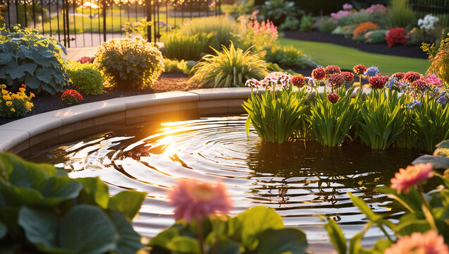 Tranquil Pond Surrounded by Vibrant Blooms and Lush Foliage at Golden Hour, Lotus poud
