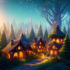 Obraz premium Enchanted Forest Village With Glowing Trees Illustration