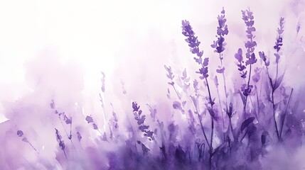 Obraz premium A serene watercolor illustration featuring soft purple lavender flowers against a light background, evoking tranquility and natural beauty. 