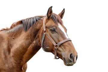 A brown horse wearing a bridle on its head, ready for riding or training