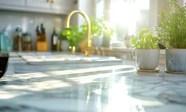 Two potted plants on a marble countertop in a kitchen with a gold faucet