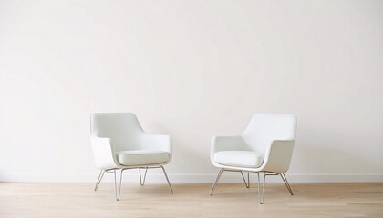Two white chairs in a minimalist room with a plain white wall, Two chairs against concrete white wall, we are hiring concept