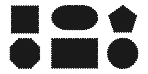 Black silhouette scalloped frames. Geometric shapes stickers with zigzag wavy edge. Tag Label Stamp Box element for design