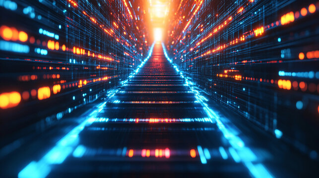 digital background featuring a sleek ladder reaching towards a glowing, abstract horizon, symbolizing advancement, aspiration, and the journey towards innovation