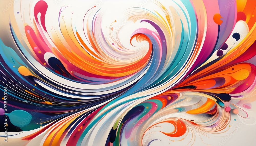 Wall mural dynamic shapes and swirling brushstrokes create a striking abstract pattern on a white background.