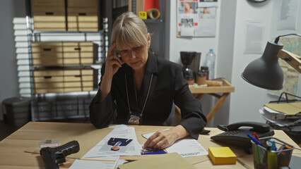Detective woman scrutinizes evidence at a cluttered police department office, conveying a sense of...