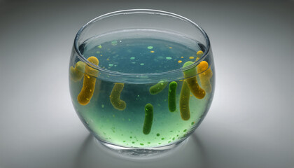 Illustrative representation of drinking water contaminated with bacteria and pathogens in a drinking glass