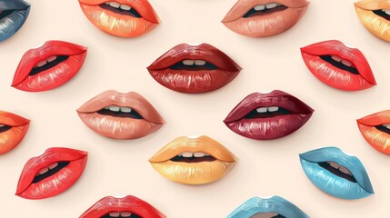 Fototapeta premium Colorful lips pattern illustration with vibrant hues showcasing diverse lip shapes and expressions on a soft background