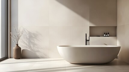 Fototapeta premium A spacious minimalist bathroom with large floor tiles, a freestanding bathtub, and a simple wall-mounted faucet, all in a neutral color palette