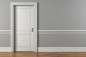 A white door with thin white trim on a grey wall, simple and elegant, interior design, detailed.