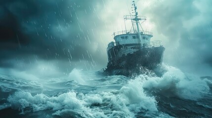 Fototapeta premium An old, weathered boat struggles to stay afloat in the midst of a raging storm with large waves crashing around it and rain pouring down.