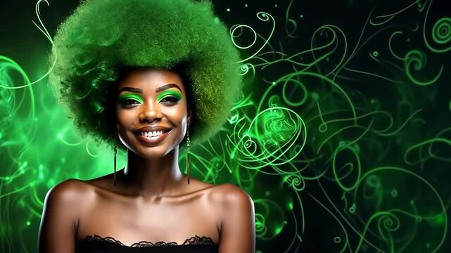 St Patricks day Girl, beauty African American young woman model in green shamrock hat on festive green background, Party on st Patrick day