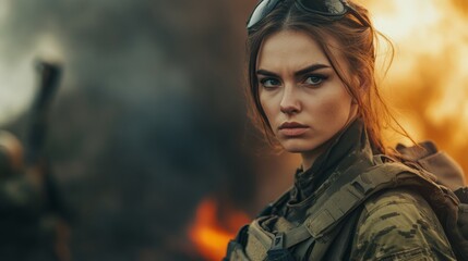 female soldier in combat gear focused on the mission during a tense moment in a war zone