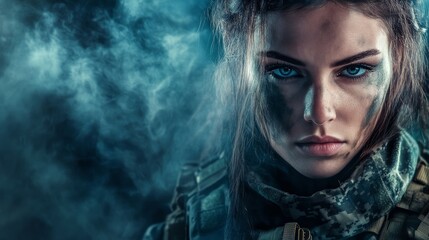 Fototapeta premium female soldier in combat gear focused on the mission during a tense moment in a war zone