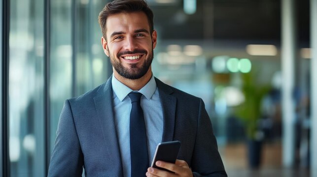 Tech concept - smiling businessman with smartphone.