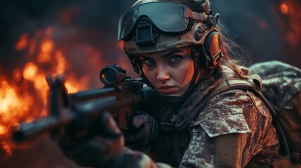 female soldier in combat gear focused on the mission during a tense moment in a war zone