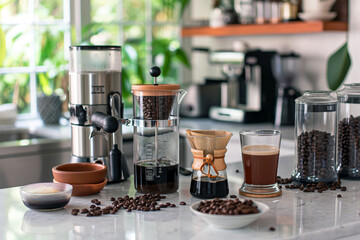 A collection of coffee brewing methods including a French press, pour-over, and espresso machine, displayed on a kitchen counter with fresh beans.