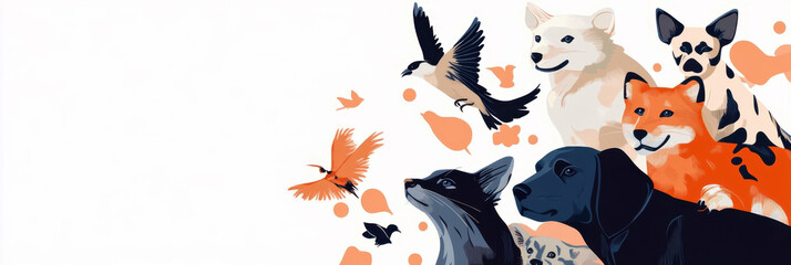 International Animal Rights Day. Horizontal banner. Free space for text. Wildlife conservation concept. Helping homeless animals. Environmental protection, animal protection. Flat illustration