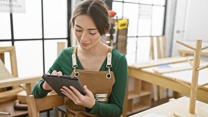 A woman in a workshop uses a tablet to reference carpentry designs, amid tools and wooden projects.