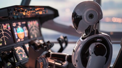 Fototapeta premium An artificial intelligence robot pilot sits in the cockpit of an airplane.