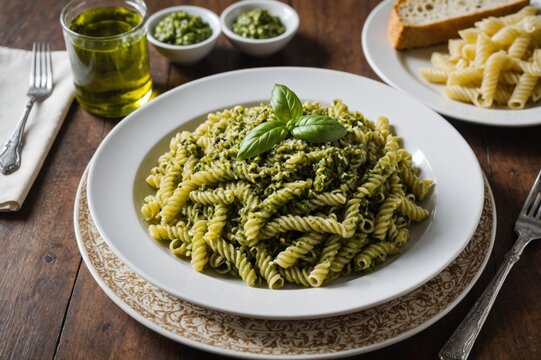 Trofie Al Pesto, Italian Pasta with Pesto Sauce, Traditional Genovese Troffie, Fusilli Pugliesi, Liguria Food on Restaurant Plate, Mediterranean Lunch with Trofie Al Pesto