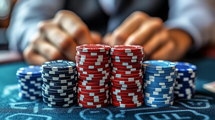 man's hands holding a stack of colorful poker chips at a casino table. The image conveys tension, strategy, and the thrill of gambling and risk-taking