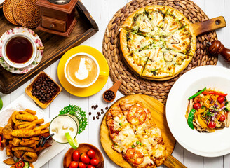 Diverse menu Basil Pesto mushroom Pizza, Tomato, Corn, and Mushroom Pizza, Colorful Vegetable tomato Pasta Salad, Crispy Fried Food Platter, Latte Art, ice honey lemon tea, Hand brewed Coffee