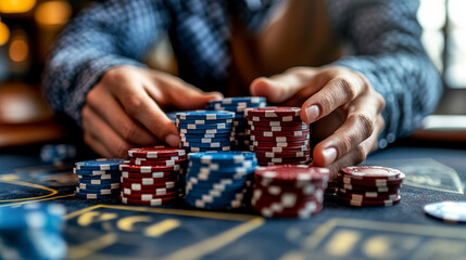 man's hands holding a stack of colorful poker chips at a casino table. The image conveys tension, strategy, and the thrill of gambling and risk-taking