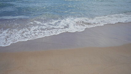 Gentle waves wash over the sandy shore on a sunny beach day, depicting tranquility and natural beauty.