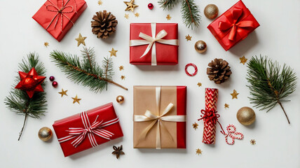 Christmas and New Year festive background. Christmas gifts and decorations with red ribbon on white background top view.
