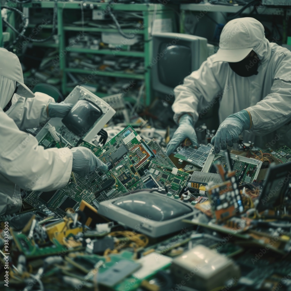 Aufkleber Group of workers assembling electronic components in a factory setting