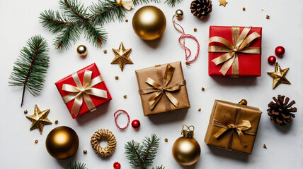 Christmas and New Year festive background. Christmas gifts and decorations with red ribbon on white background top view.