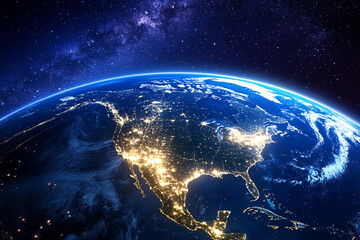 Obraz premium Globe North America: Planet Earth at night focused on USA and Canada , Earth North America, Globe Canada , Universe, World Map, Geography