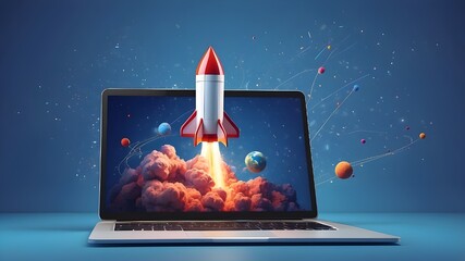 Rocket coming out of laptop screen, blue background. AI digital illustration