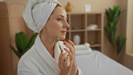 Woman applying jade roller in spa room looking relaxed wearing robe with towel on head