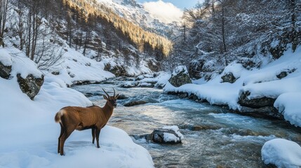 A deer stands on a snowy riverbank in a mountain valley.