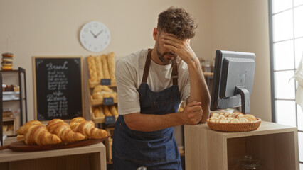 Young man in a bakery looking stressed in front of a computer surrounded by croissants and bread...