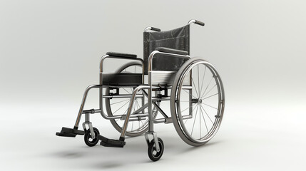 Fototapeta premium A black-seated wheelchair with metal frame and wheels is centered on a plain light gray background.