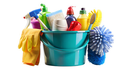 Cleaning supplies in a blue bucket, assorted tools and products, transparent PNG file