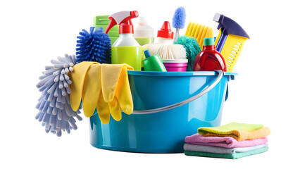 Various cleaning products in a bucket with sponges and gloves, transparent PNG file