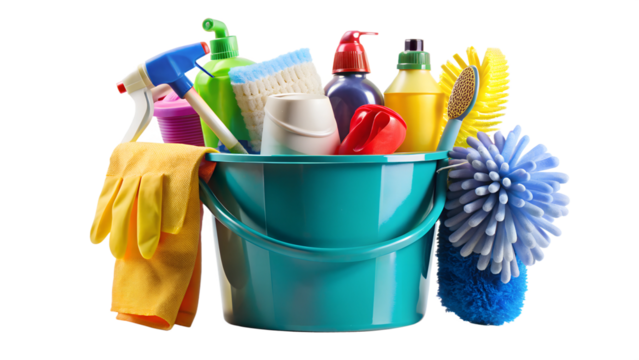 Cleaning supplies in a blue bucket, assorted tools and products, transparent PNG file