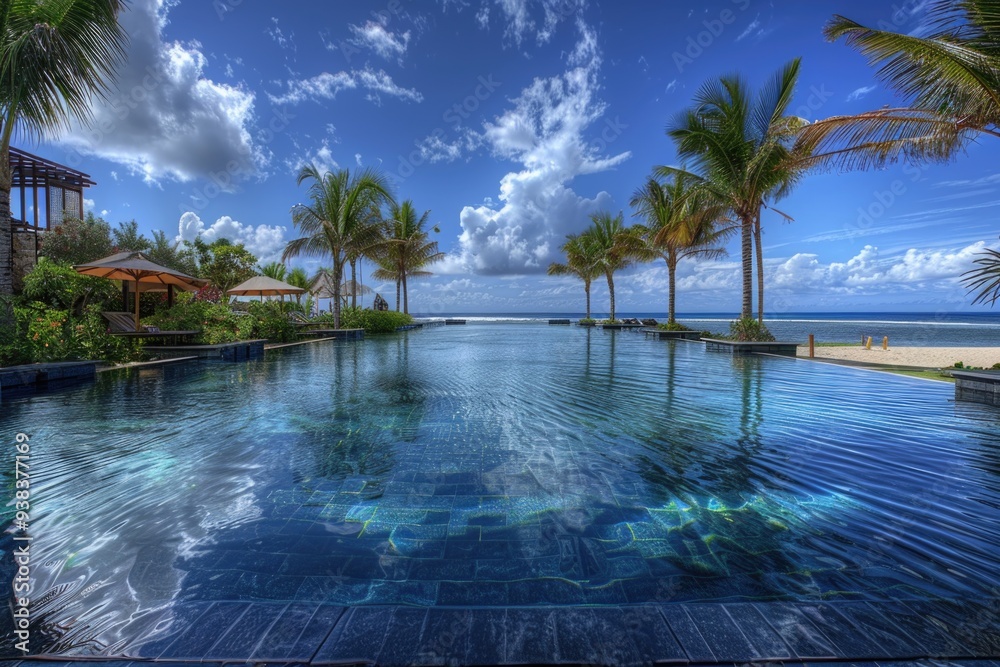 Poster A serene pool scene with palm trees and a beautiful beach in the background