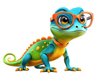 Fototapeta premium Cute animated lizard with orange glasses in vibrant colors, fun children's book illustration. Generative AI