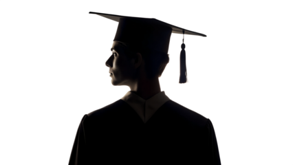 Silhouette of graduate in cap and gown, dramatic lighting, transparent PNG file