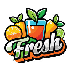 Naklejka premium Vector logo with calligraphic inscription Fresh juice with green leaves and drops on black background