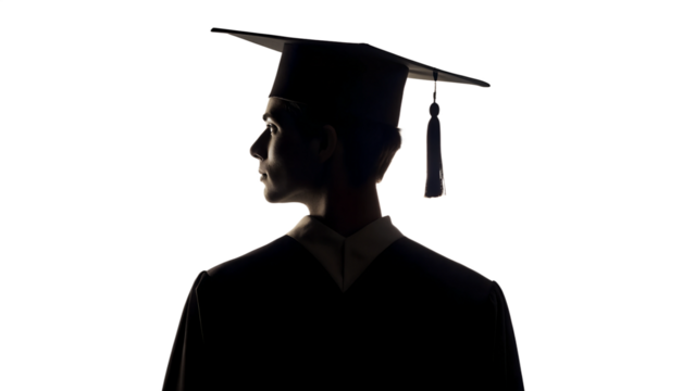 Silhouette of graduate in cap and gown, dramatic lighting, transparent PNG file