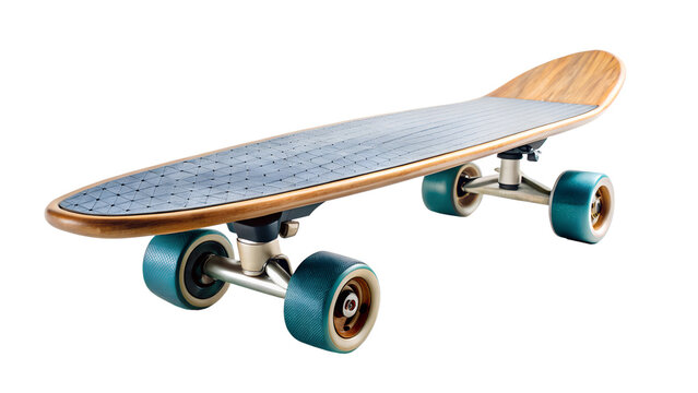 Modern longboard with wooden deck and blue wheels, isolated transparent PNG file