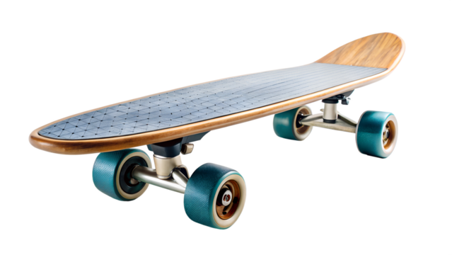 Modern longboard with wooden deck and blue wheels, isolated transparent PNG file