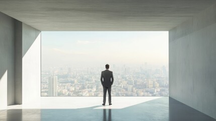 Fototapeta premium Man peers out of modern office window at cityscape.